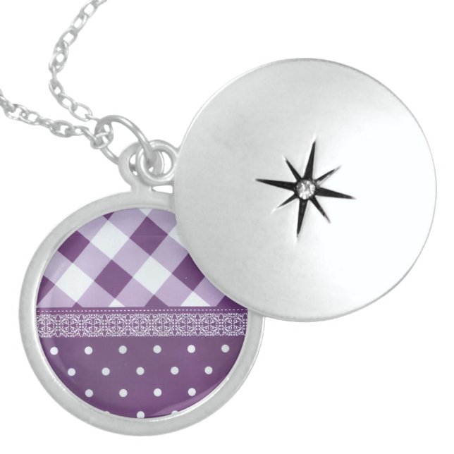 Purple White Checkered Polka Dot Floral Damask Art Locket Necklace (Front)
