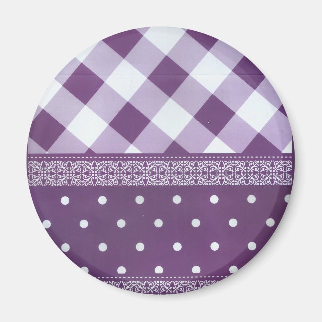 Purple White Checkered Polka Dot Floral Damask Art Magnet (Front)