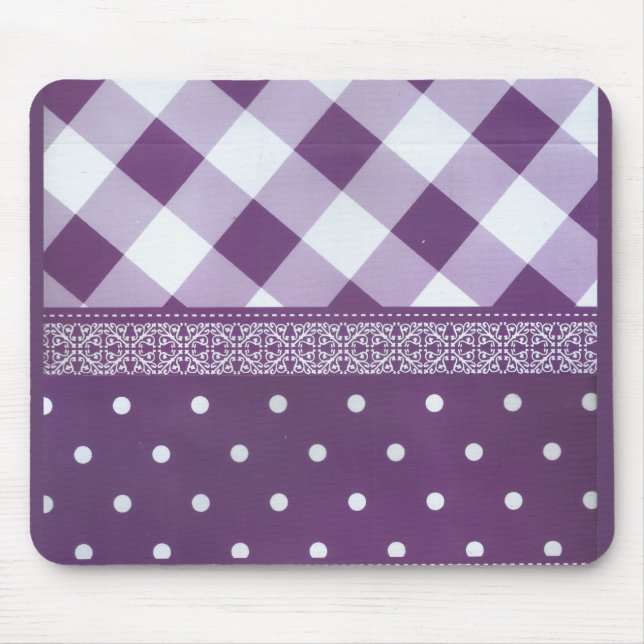 Purple White Checkered Polka Dot Floral Damask Art Mouse Pad (Front)