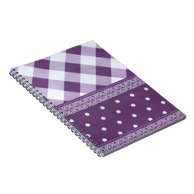 Purple White Checkered Polka Dot Floral Damask Art Notebook (Right Side)