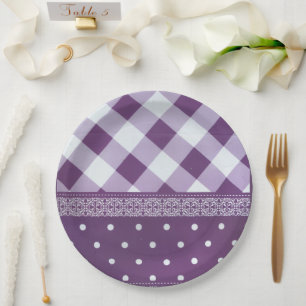 Purple White Checkered Polka Dot Floral Damask Art Paper Plates