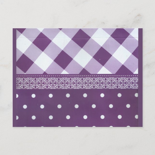 Purple White Checkered Polka Dot Floral Damask Art Postcard (Front)