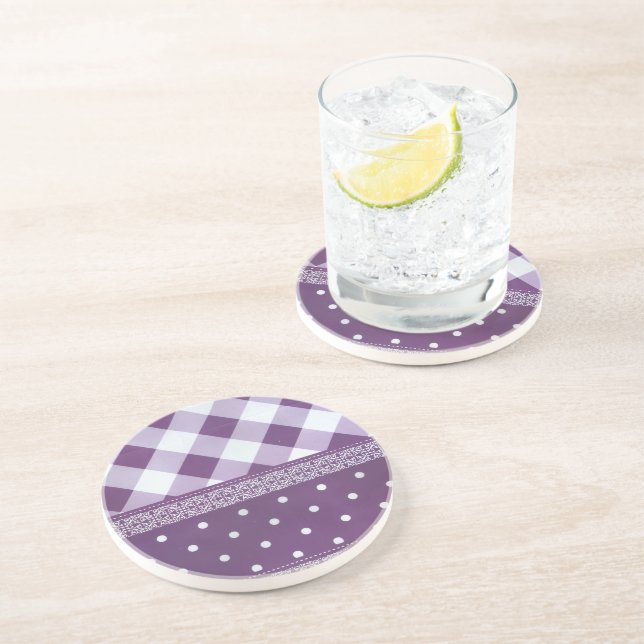 Purple White Checkered Polka Dot Floral Damask Art Sandstone Coaster (Side)