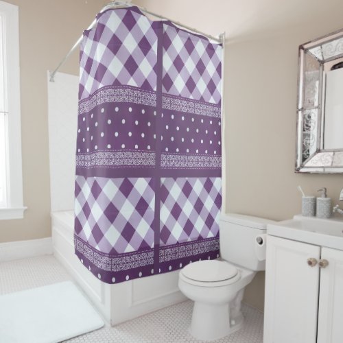 Purple White Checkered Polka Dot Floral Damask art Shower Curtain
