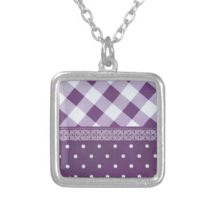 Purple White Checkered Polka Dot Floral Damask Art Silver Plated Necklace