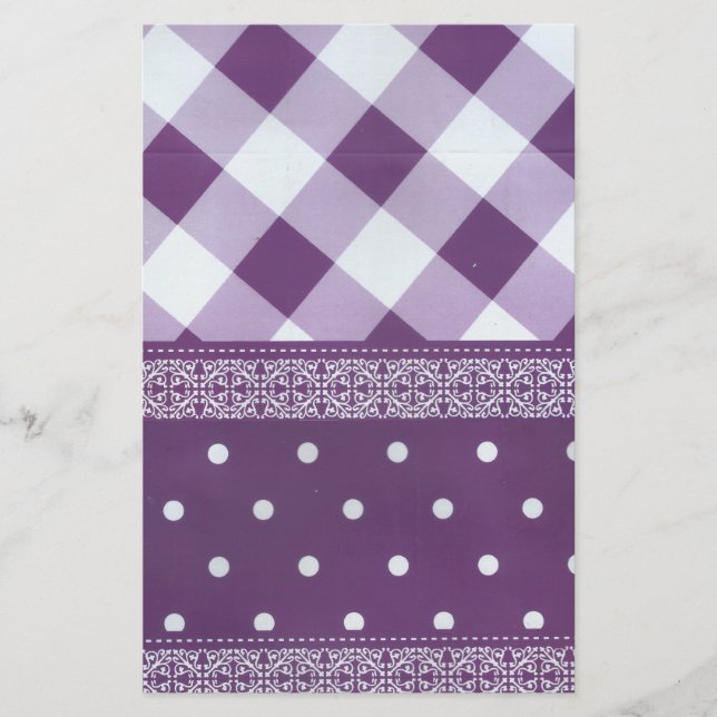 Purple White Checkered Polka Dot Floral Damask Art Stationery (Front)