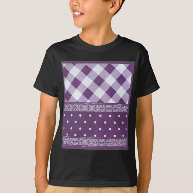 Purple White Checkered Polka Dot Floral Damask Art T-Shirt (Front)