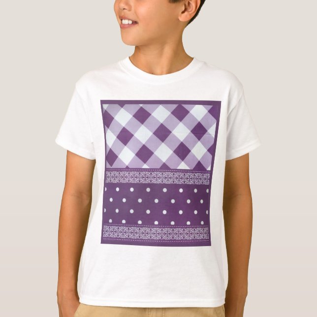 Purple White Checkered Polka Dot Floral Damask Art T-Shirt (Front)