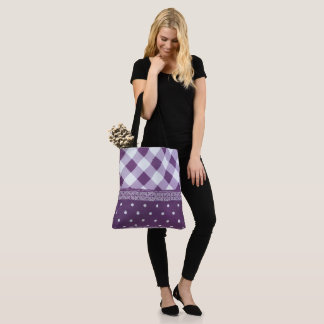 Purple White Checkered Polka Dot Floral Damask Art Tote Bag