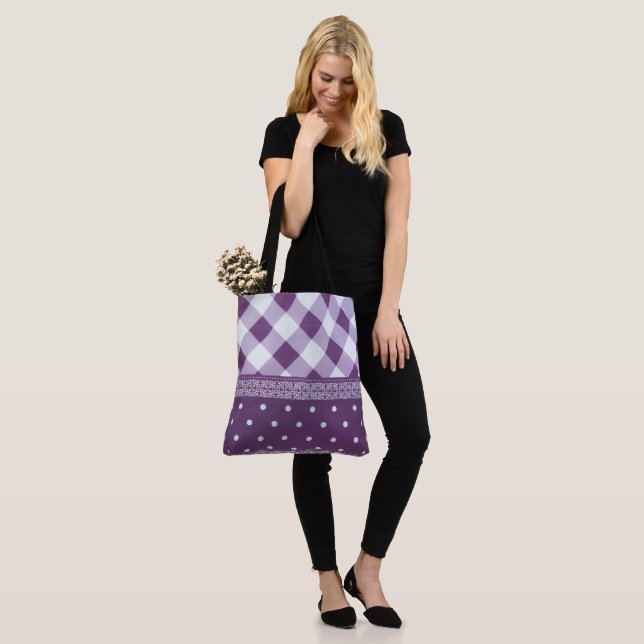 Purple White Checkered Polka Dot Floral Damask Art Tote Bag (On Model)