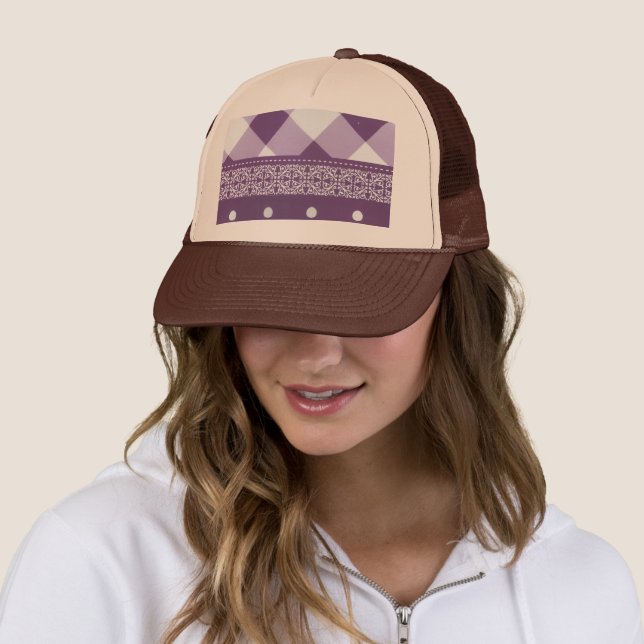 Purple White Checkered Polka Dot Floral Damask Art Trucker Hat (In Situ)