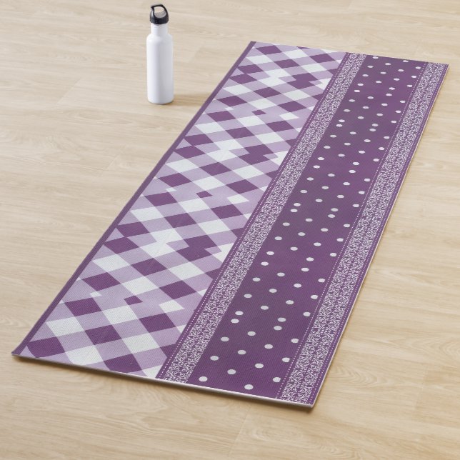 Purple White Checkered Polka Dot Floral Damask Art Yoga Mat (In Situ)