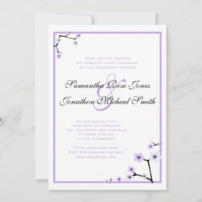 Purple White Cherry Blossom Flowers Custom Wedding Invitation (Front)