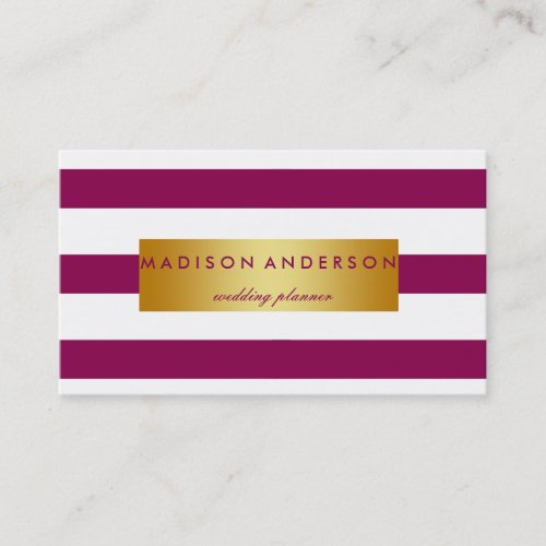 Purple  White Chic Stripes in Gold Business Card