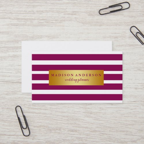 Purple  White Chic Stripes in Gold Business Card