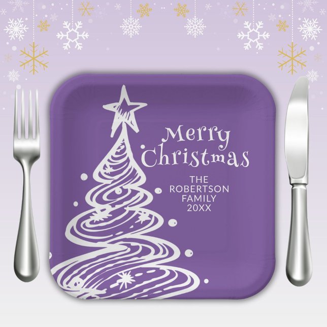 Purple White Christmas Tree Party Paper Plates (Creator Uploaded)
