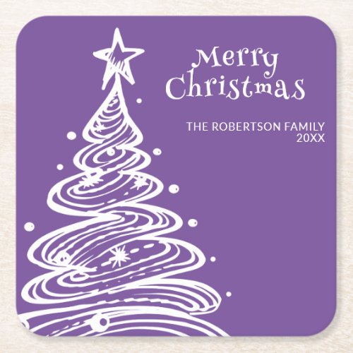 Purple White Christmas Tree Party Square Paper Coaster