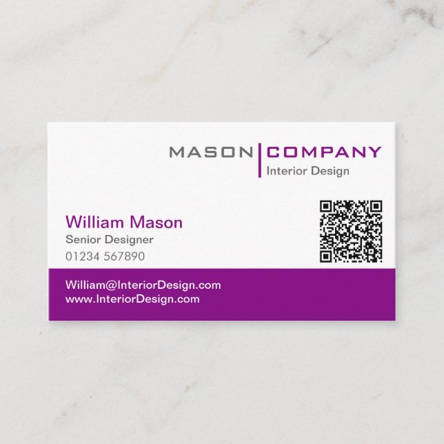 Purple & White Corporate QR Code Business Card (Front)