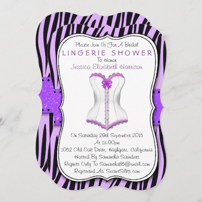 Purple & White Corset Zebra Print Lingerie Shower Invitation (Front/Back)