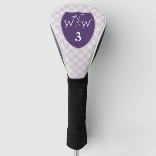 Purple  White Cream Checks with Initials  Number Golf Head Cover