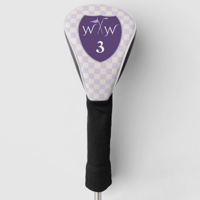 Purple & White Cream Checks with Initials & Number Golf Head Cover (Front)