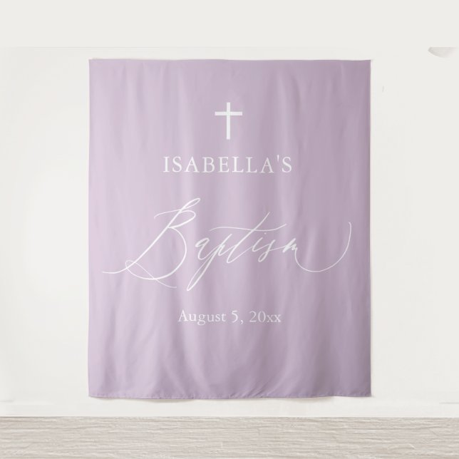 Purple White Cross Girl Baptism Photo Backdrop (Front)