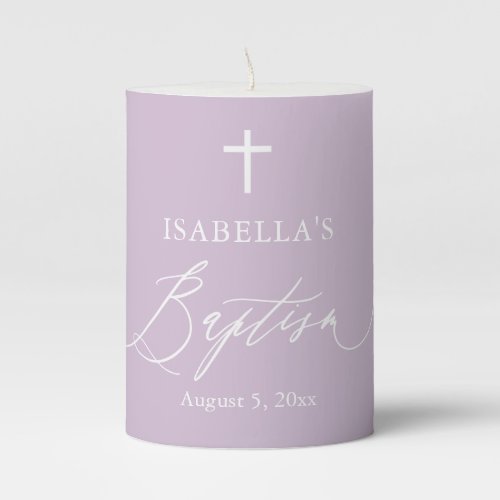 Purple White Cross Girl Baptism Pillar Candle