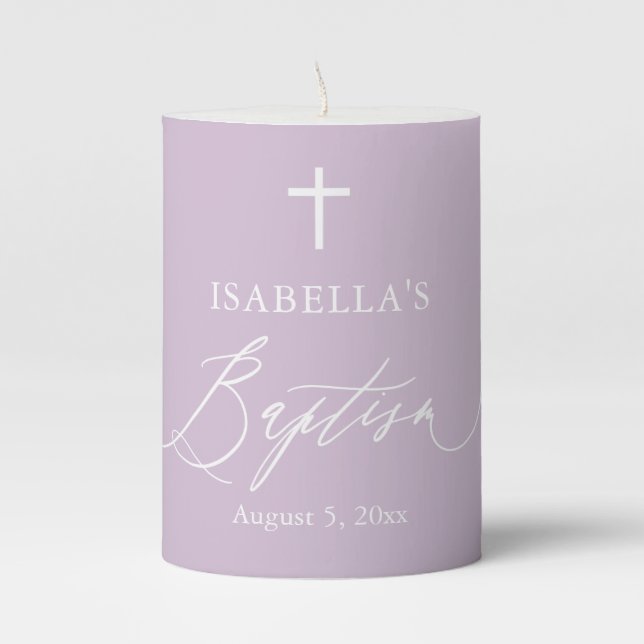 Purple White Cross Girl Baptism Pillar Candle (Front)