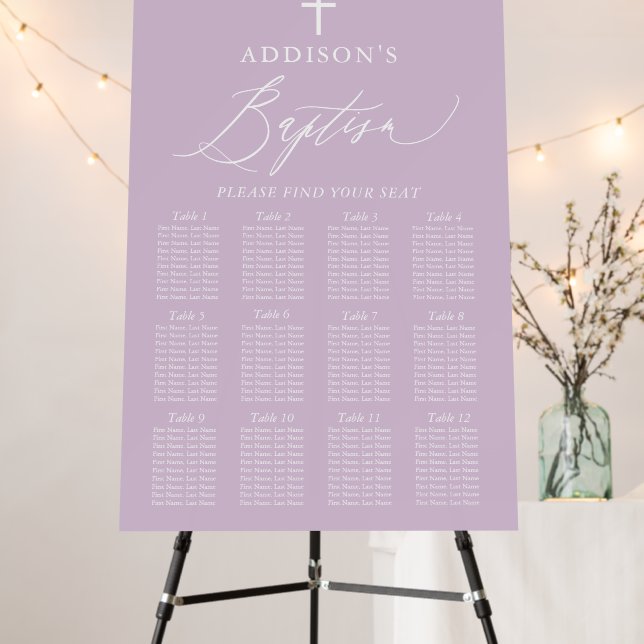 Purple White Cross Girl Baptism Seating Chart Foam Board (In Situ (Stand))