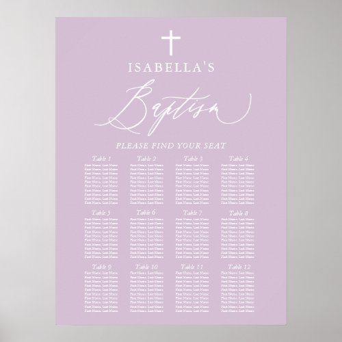 Purple White Cross Girl Baptism Seating Chart Sign