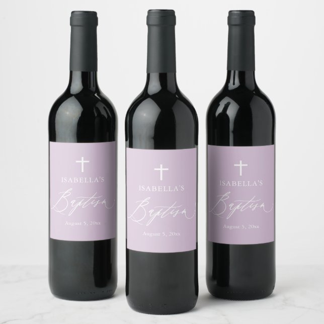 Purple White Cross Girl Baptism Wine Label (Bottles)