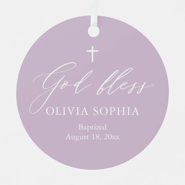 Purple White Cross Photo Girl Baptism Ornament (Front)