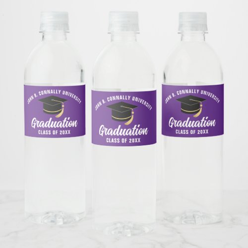 Purple White Custom School 2024 Graduation Party Water Bottle Label