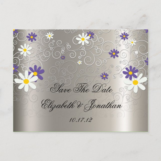 Purple White Daisies Swirls on Silver Save The Dat Announcement Postcard (Front)