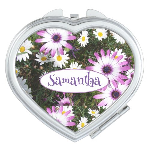 Purple White Daisy Flower Garden Customizable Name Compact Mirror