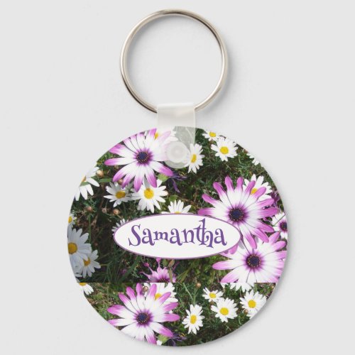 Purple White Daisy Flower Garden Customizable Name Keychain