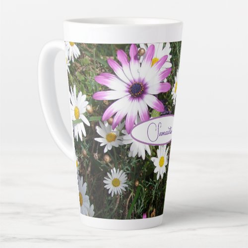 Purple White Daisy Flower Garden Customizable Name Latte Mug