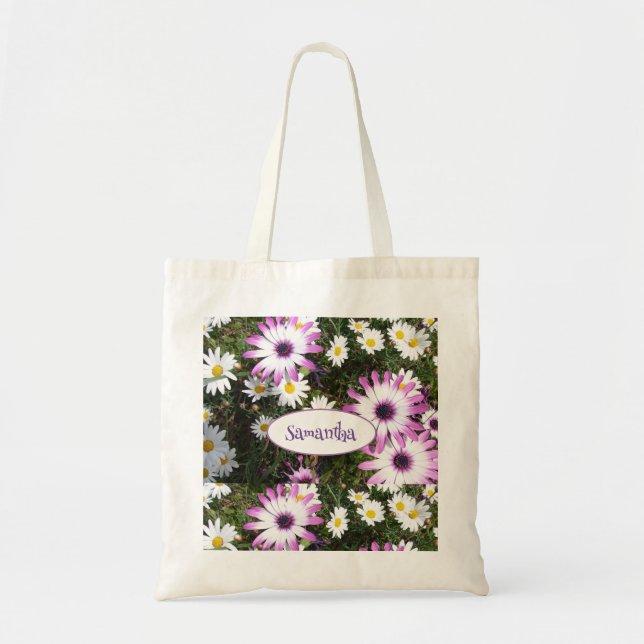 Purple White Daisy Flower Garden Customizable Name Tote Bag (Front)