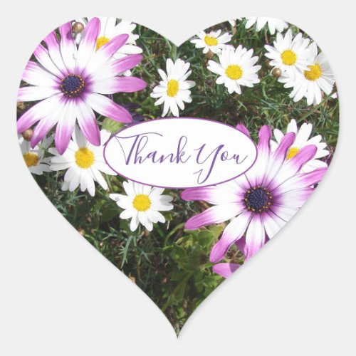 Purple White Daisy Flower Garden Thank You  Heart Sticker