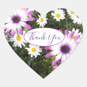 Purple White Daisy Flower Garden Thank You Heart Sticker