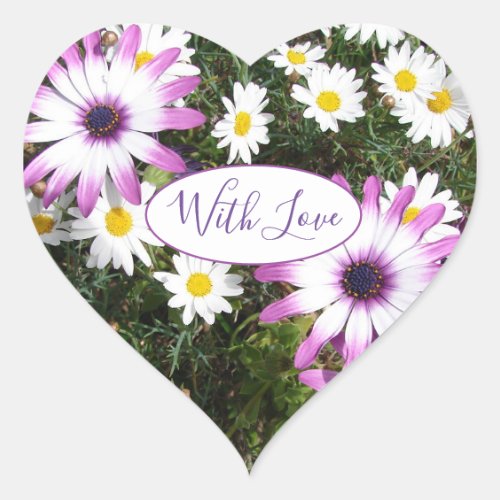 Purple White Daisy Flower Garden With Love Heart Sticker