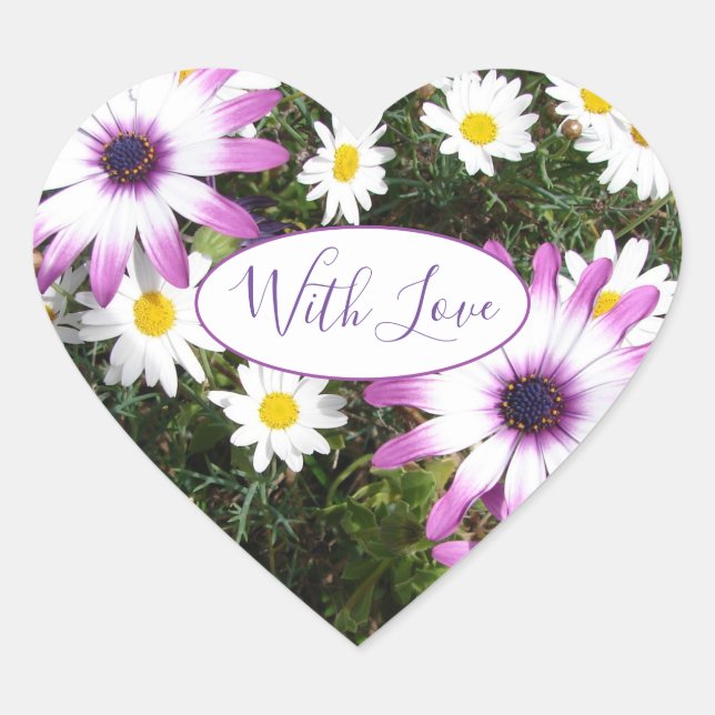 Purple White Daisy Flower Garden With Love Heart Sticker (Front)