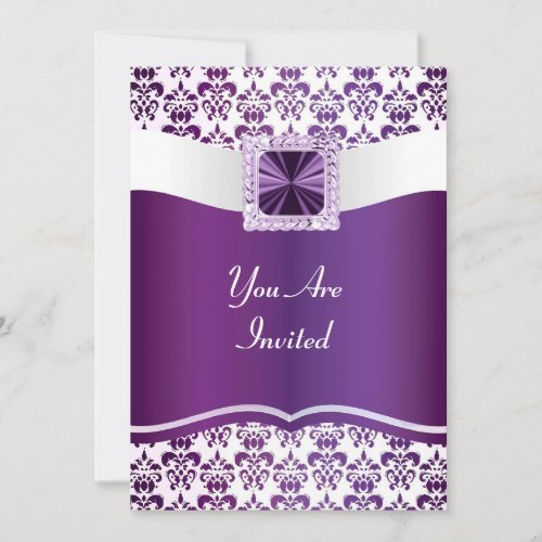 Purple &amp; white damask any occasion personalized invitation