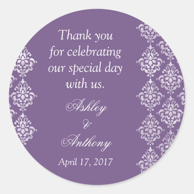 Purple White Damask Arabesque Personalized Wedding Classic Round Sticker (Front)