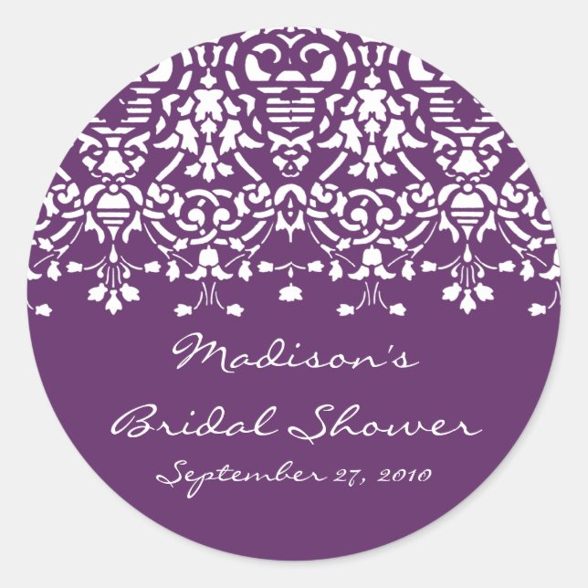Purple & White Damask Bride Shower Sticker (Front)