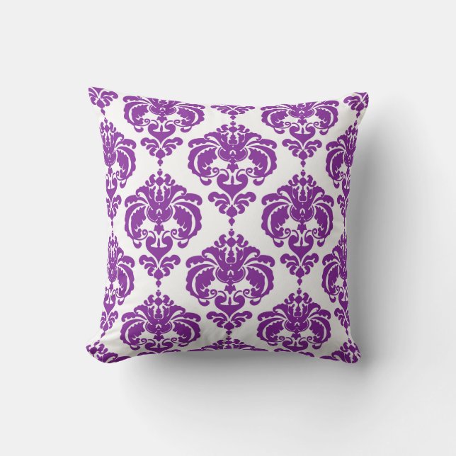 Purple & White Damask Modern Elegant Pattern Throw Pillow (Front)