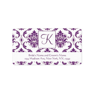 Purple White Damask Monogram Wedding Address Label