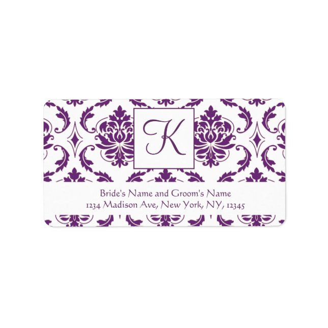 Purple White Damask Monogram Wedding Address Label (Front)