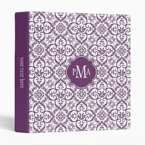 Purple  White Damask Pattern Monogram 3 Ring Binder