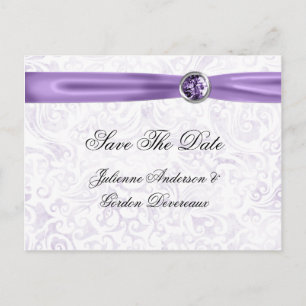 Purple White Damask Ribbon Jewels Save The Date Announcement Postcard